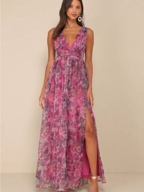 Lulus Floral Pink V-Neck Maxi Dress with Side Slit